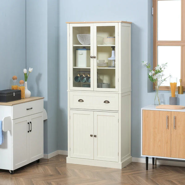Armário de Cozinha com 2 Portas de Vidro 1 Gaveta e Prateleira Ajustável Móvel Auxiliar de Cozinha Anti-Tombo 76x40x182,5cm Creme