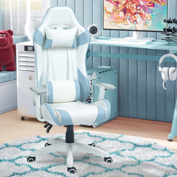Cadeira Gaming Reclinável Cadeira Gamer Giratória com Almofada Lombar Apoios de Braços Ajustáveis Apoio de Cabeça Basculante e Altura Ajustável para Escritório 67x60x120-128 cm Branco e Azul