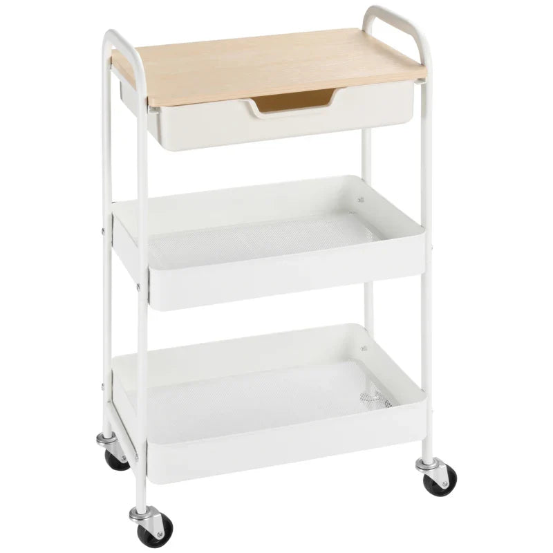 Carrinho de Cozinha com Rodas Carrinho de Armazenamento com Gaveta 2 Prateleiras e Rodas com Freios para Casa de Banho Sala de Estar Dormitório 43,9x30,5x75,6cm Branco e Madeira Natural