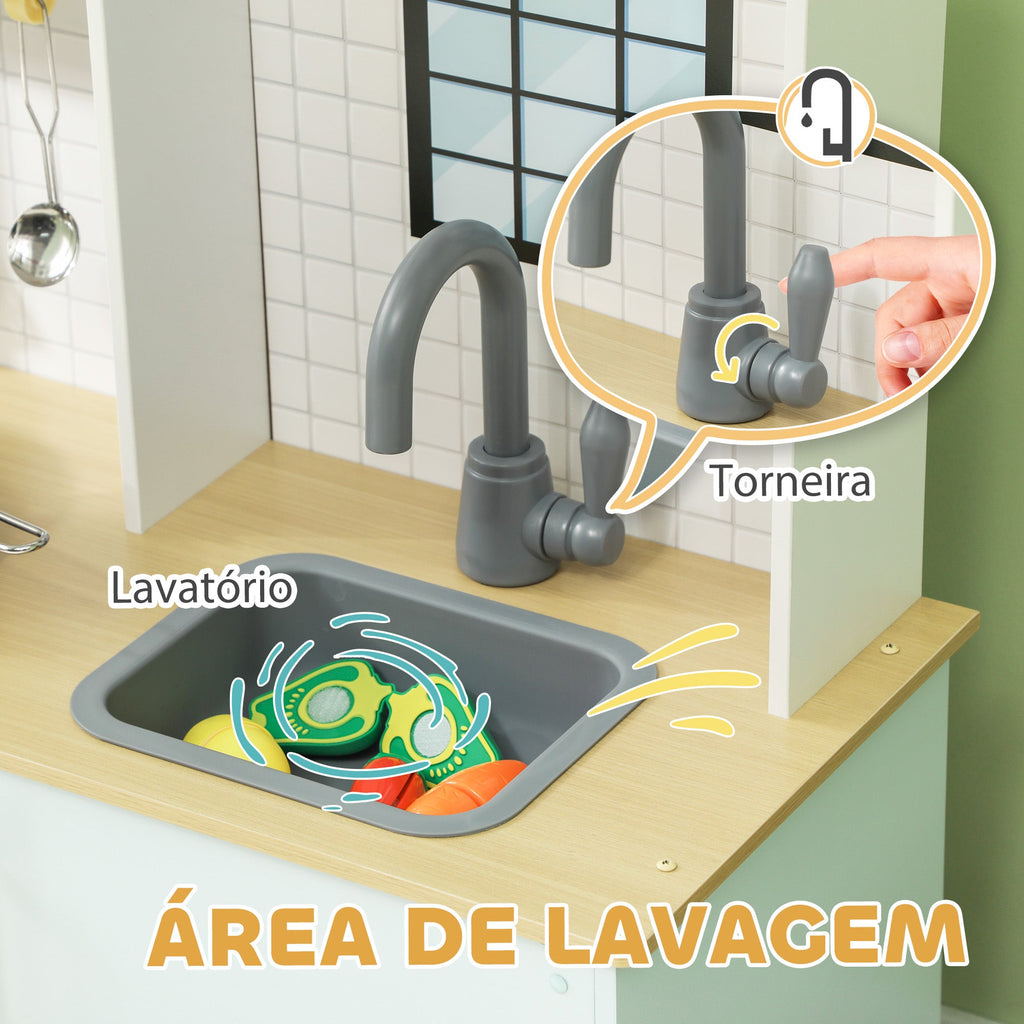 AIYAPLAY Cozinha de Madeira para Crianças acima de 3 Anos Cozinha de Brincar Infantil com Som Fogão Lavatório Micro-Ondas e Acessórios Azul