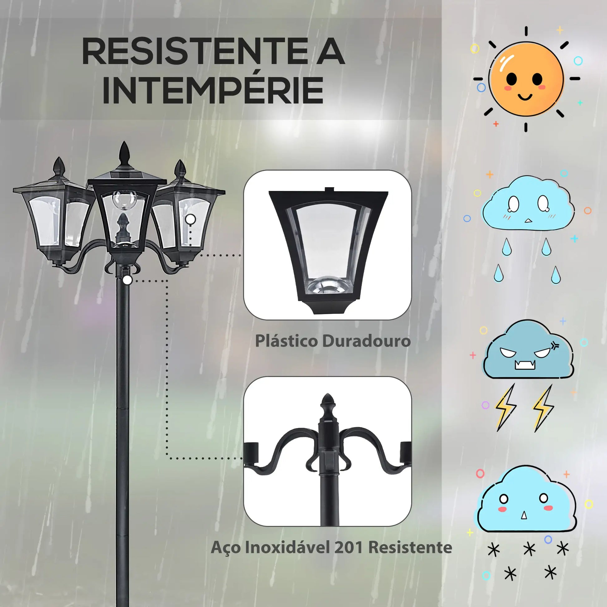 Candeeiro Solar Triplo de Jardim – 51,5x47x182,5 cm – Preto – 3 Luzes LED com Sensor Automático – IP44