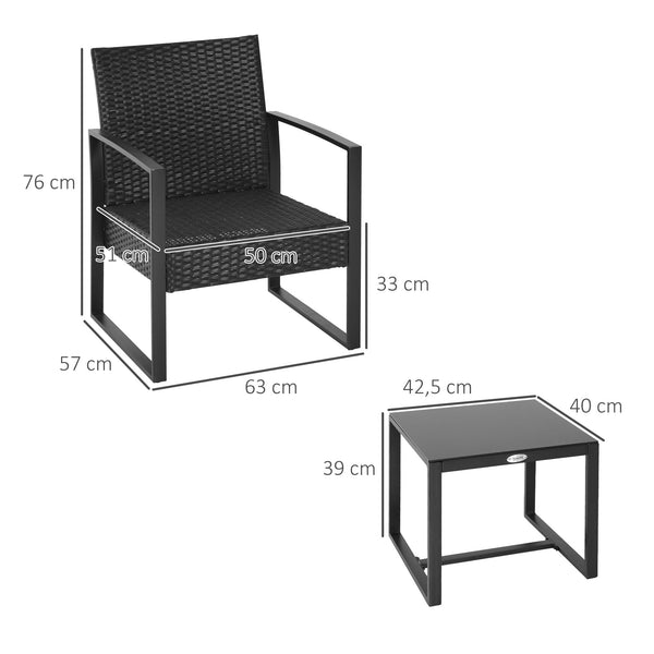 Conjunto de Móveis de Jardim de Vime 3 Peças com 1 Mesa 42,5x40x39 cm 2 Poltronas 63x57x76 cm Almofada Acolchoada para Pátio Varanda Preto