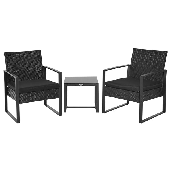 Conjunto de Móveis de Jardim de Vime 3 Peças com 1 Mesa 42,5x40x39 cm 2 Poltronas 63x57x76 cm Almofada Acolchoada para Pátio Varanda Preto
