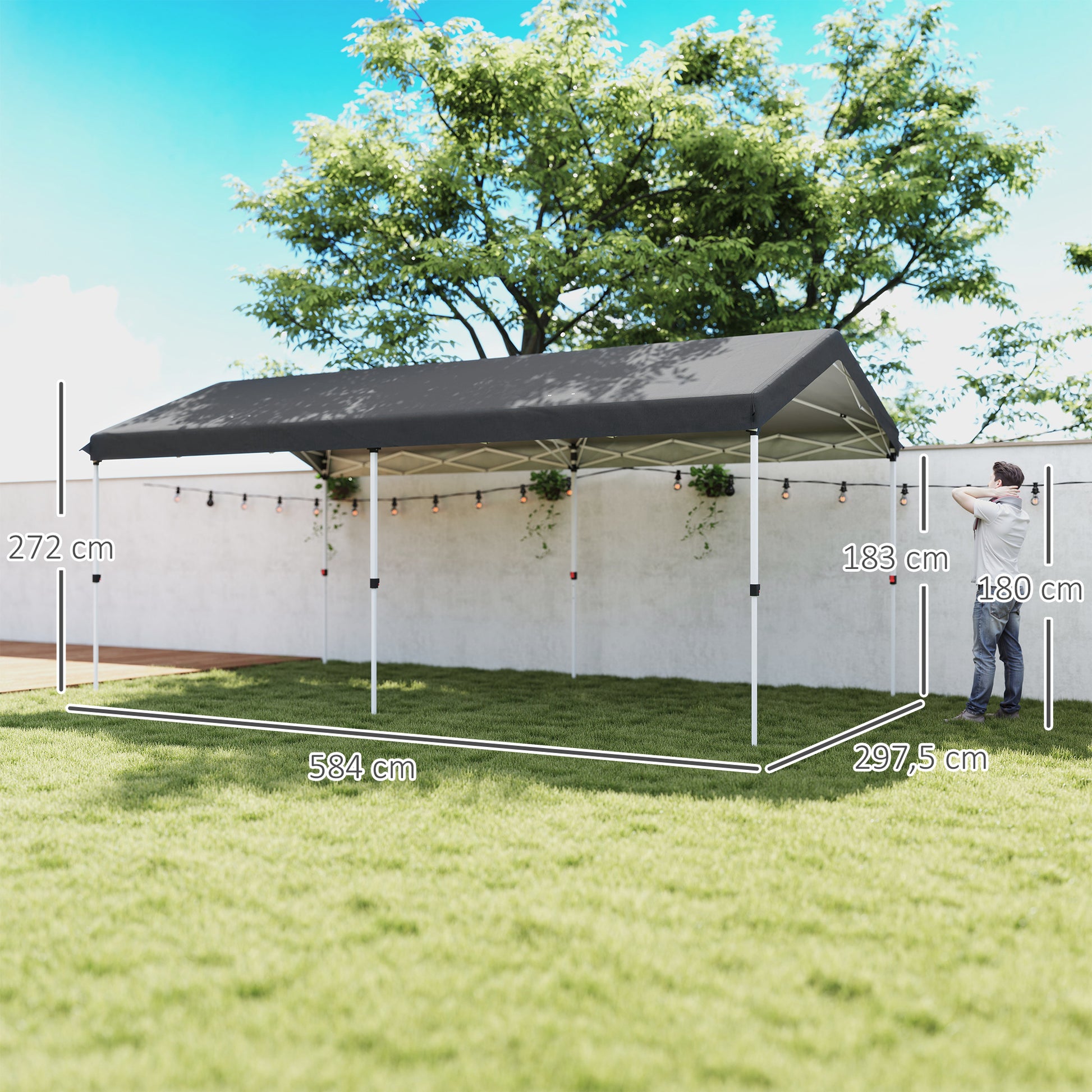 Tenda Dobrável 584x297,5x272 cm Tenda de Jardim com Altura Ajustável em 3 Níveis Proteção UV50+ Impermeável e Bolsa de Transporte Tenda para Exterior Festas Campismo Cinzento Escuro