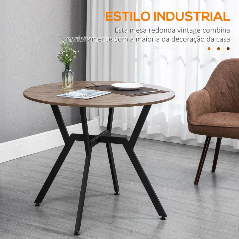 Mesa de Cozinha Redonda Mesa de Jantar Estilo Industrial com Bancada de Madeira e Estrutura de Aço para Sala de Jantar Carga 60kg Ø90x76 cm Marrom e Preto
