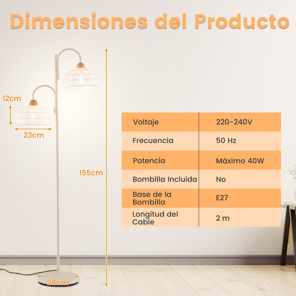 Candeeiro de Pé com Duas Luzes Livia – Cabeças Giratórias 350°, Interruptor de Pé, Altura 155 cm, Estrutura em Metal e Pantallas em Corda – Branco