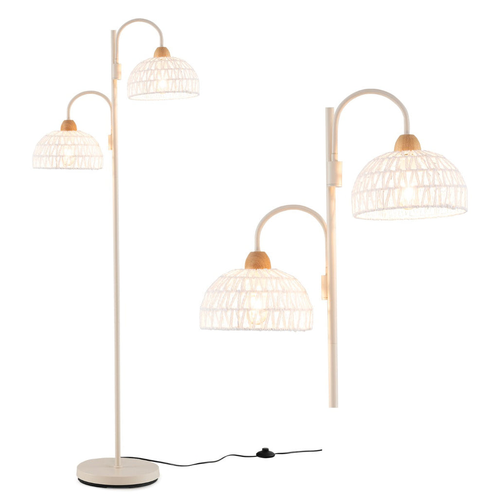 Candeeiro de Pé com Duas Luzes Livia – Cabeças Giratórias 350°, Interruptor de Pé, Altura 155 cm, Estrutura em Metal e Pantallas em Corda – Branco