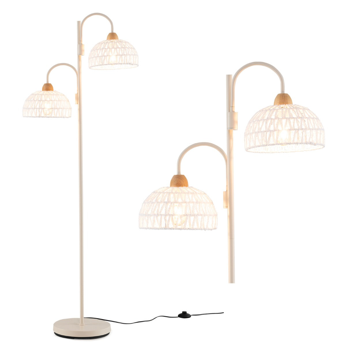 Candeeiro de Pé com Duas Luzes Livia – Cabeças Giratórias 350°, Interruptor de Pé, Altura 155 cm, Estrutura em Metal e Pantallas em Corda – Branco