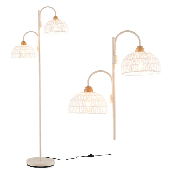 Candeeiro de Pé com Duas Luzes Livia – Cabeças Giratórias 350°, Interruptor de Pé, Altura 155 cm, Estrutura em Metal e Pantallas em Corda – Branco