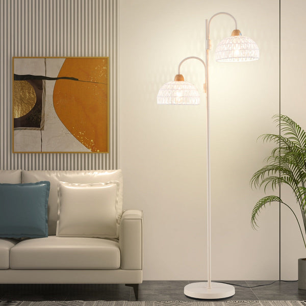 Candeeiro de Pé com Duas Luzes Livia – Cabeças Giratórias 350°, Interruptor de Pé, Altura 155 cm, Estrutura em Metal e Pantallas em Corda – Branco