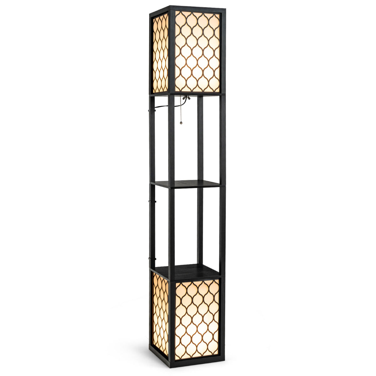 Candeeiro de Pé com Estantes "Lumora" - 26 x 26 x 156 cm - Preto e Branco | Dupla Iluminação e 2 Prateleiras