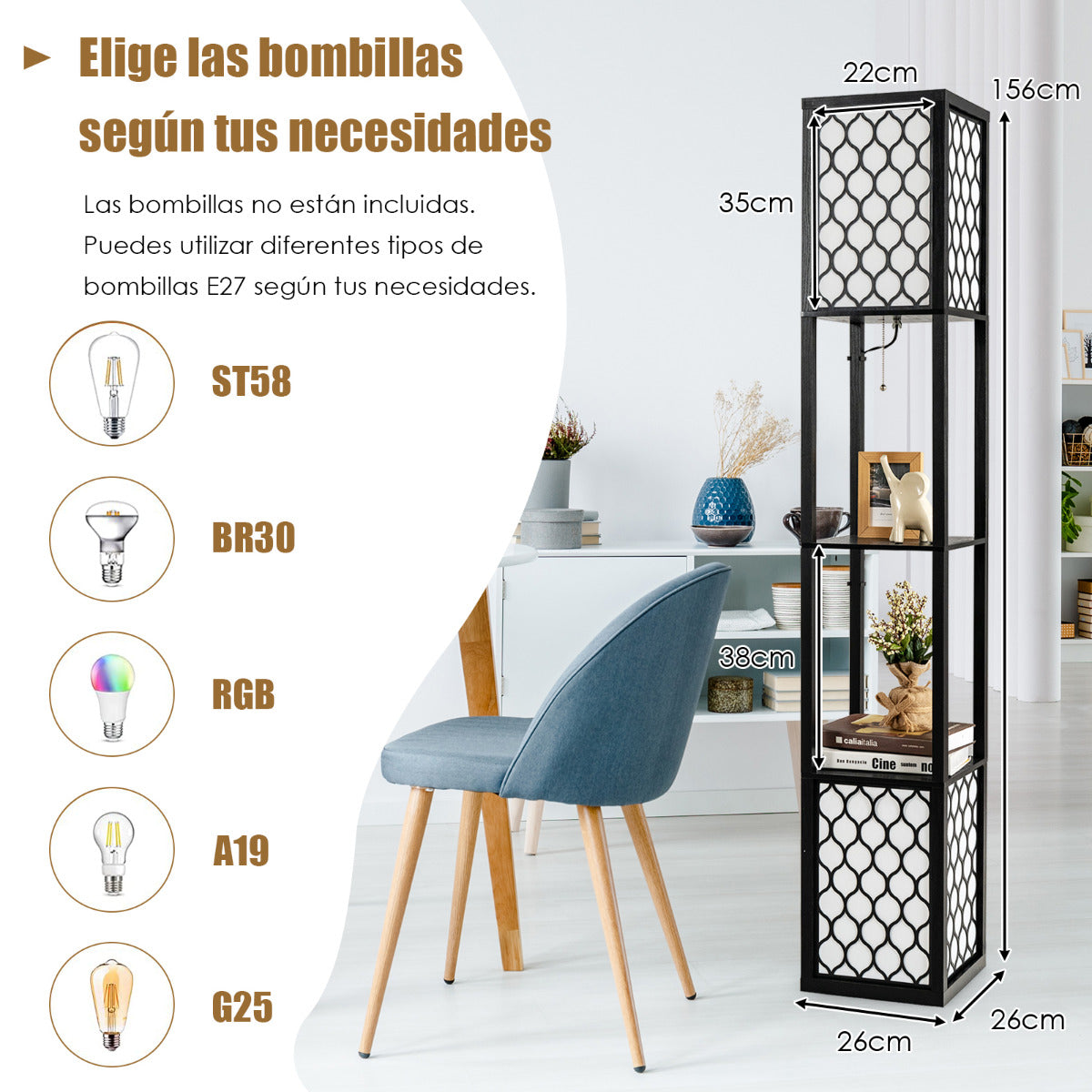 Candeeiro de Pé com Estantes "Lumora" - 26 x 26 x 156 cm - Preto e Branco | Dupla Iluminação e 2 Prateleiras