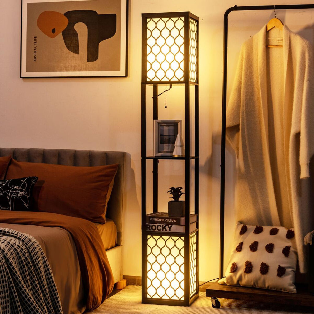 Candeeiro de Pé com Estantes "Lumora" - 26 x 26 x 156 cm - Preto e Branco | Dupla Iluminação e 2 Prateleiras