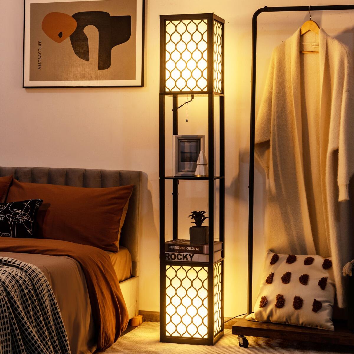 Candeeiro de Pé com Estantes "Lumora" - 26 x 26 x 156 cm - Preto e Branco | Dupla Iluminação e 2 Prateleiras