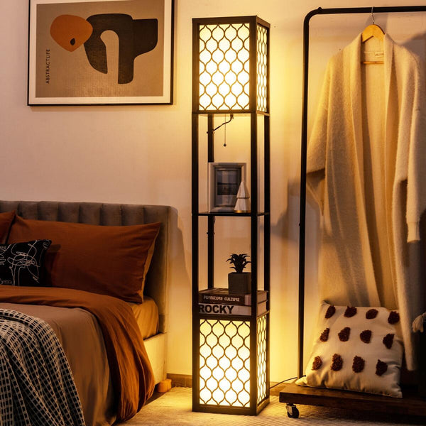 Candeeiro de Pé com Estantes "Lumora" - 26 x 26 x 156 cm - Preto e Branco | Dupla Iluminação e 2 Prateleiras