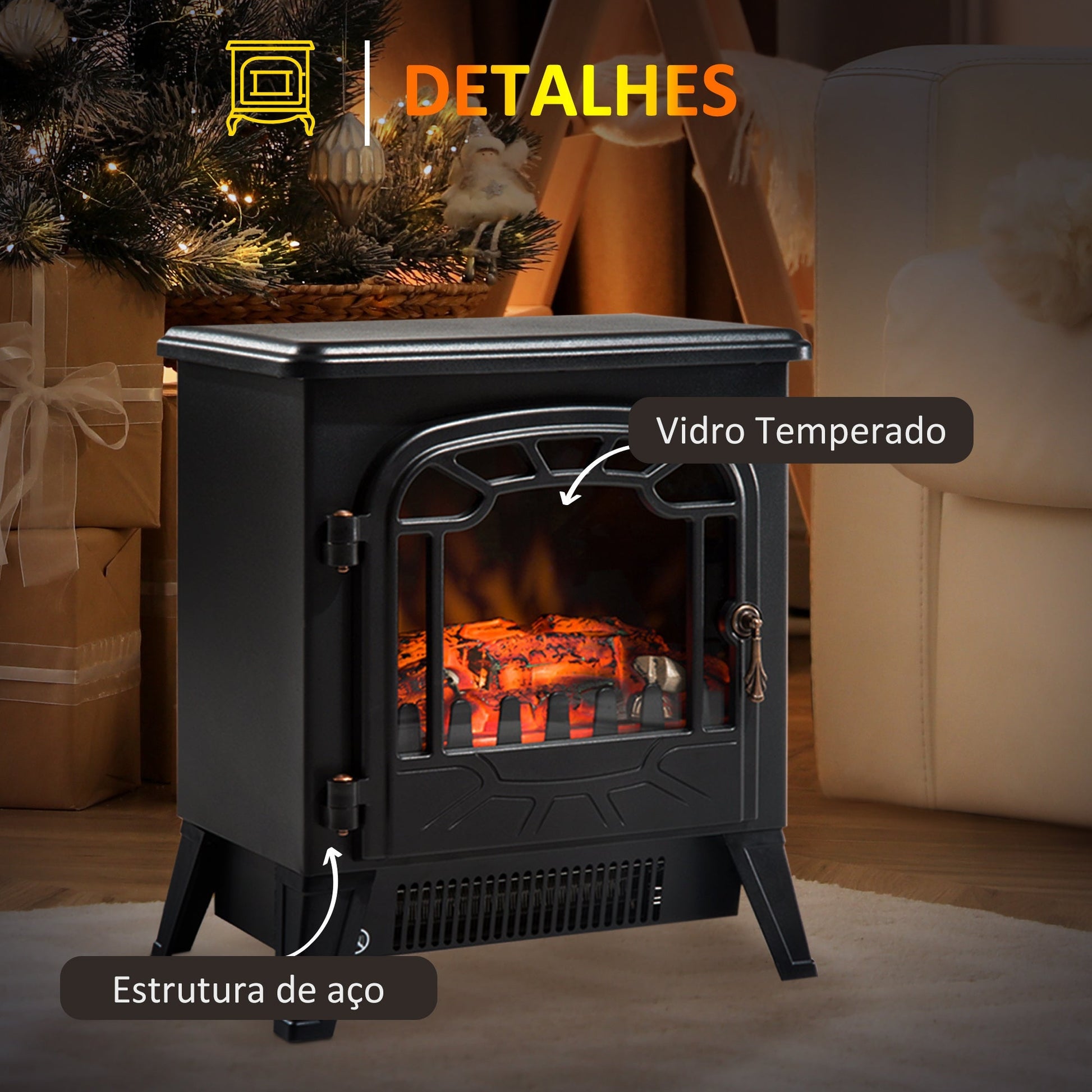 Lareira Elétrica com Termostato Efeito de Chama Realista Potência 900W/1800W Proteção Contra Superaquecimento para Ambientes entre 18 - 24m² 36x25,5x41,5cm Preto - A minha loja