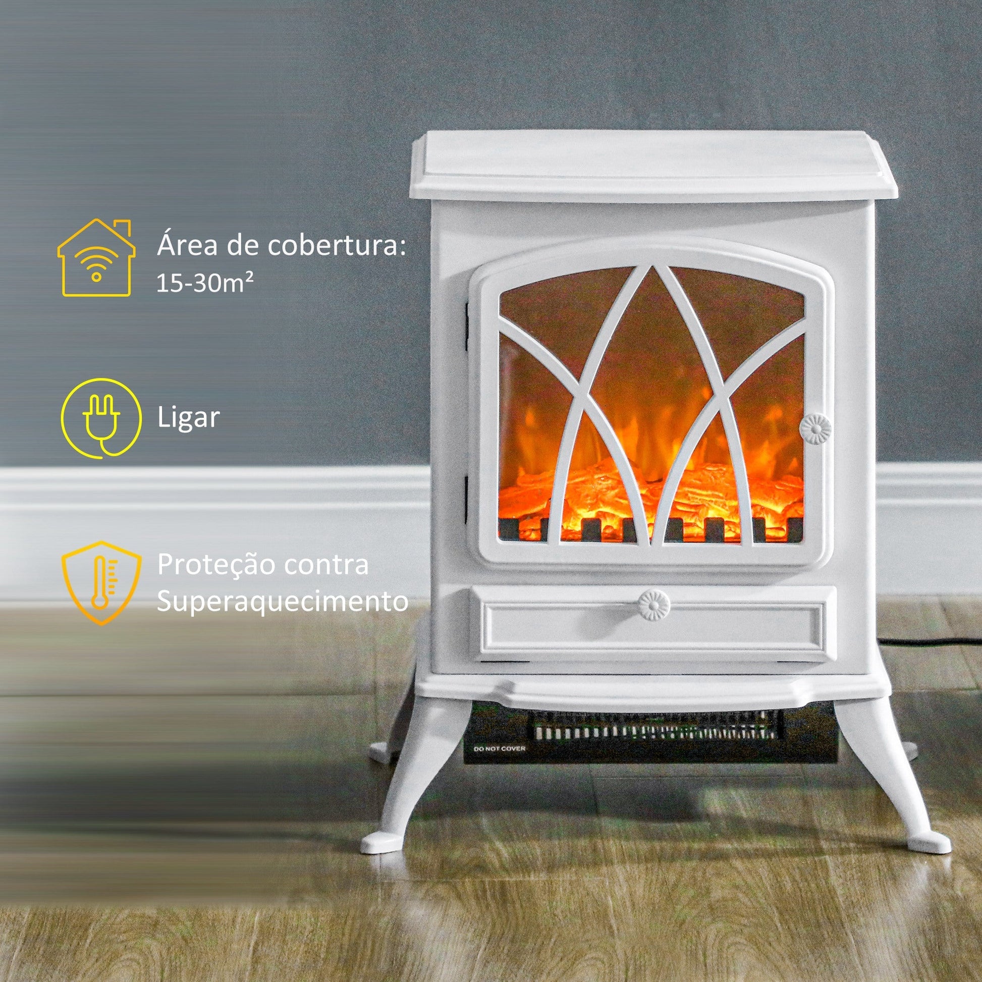 Lareira Elétrica Portátil Lareira Elétrica com Efeito de Chama Realista Potência 1000W/2000W 45x28,5x54 cm Branco - A minha loja