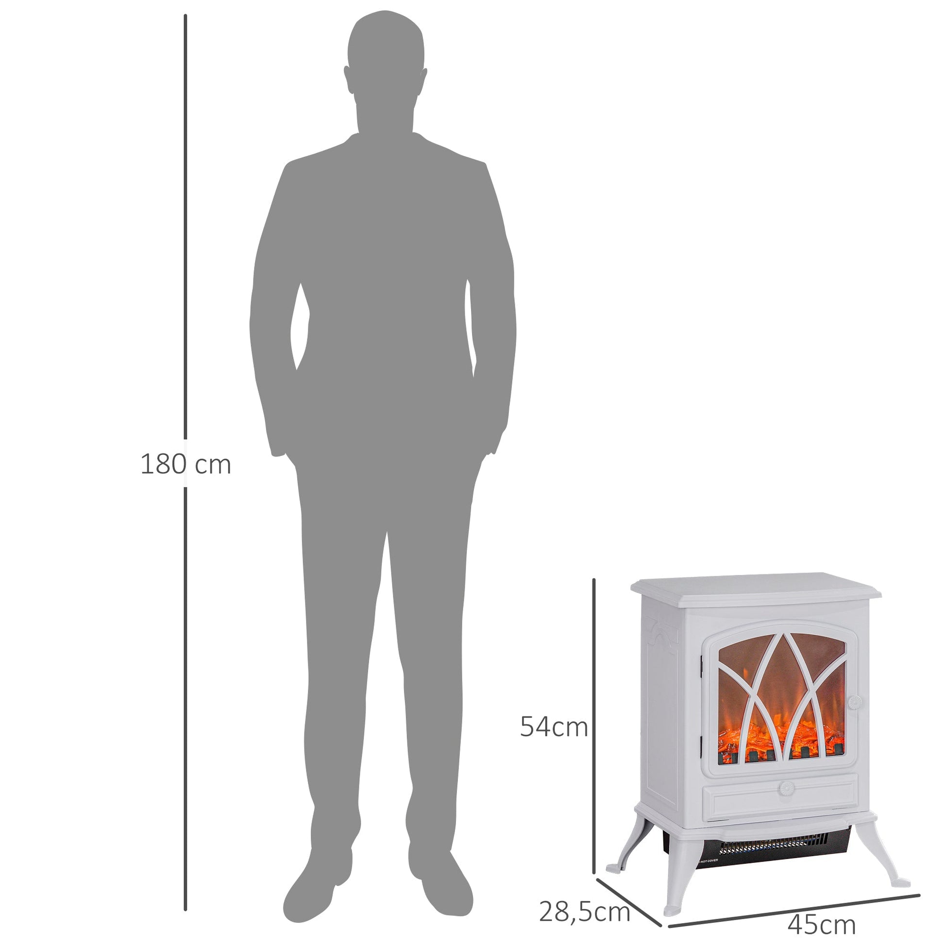 Lareira Elétrica Portátil Lareira Elétrica com Efeito de Chama Realista Potência 1000W/2000W 45x28,5x54 cm Branco - A minha loja