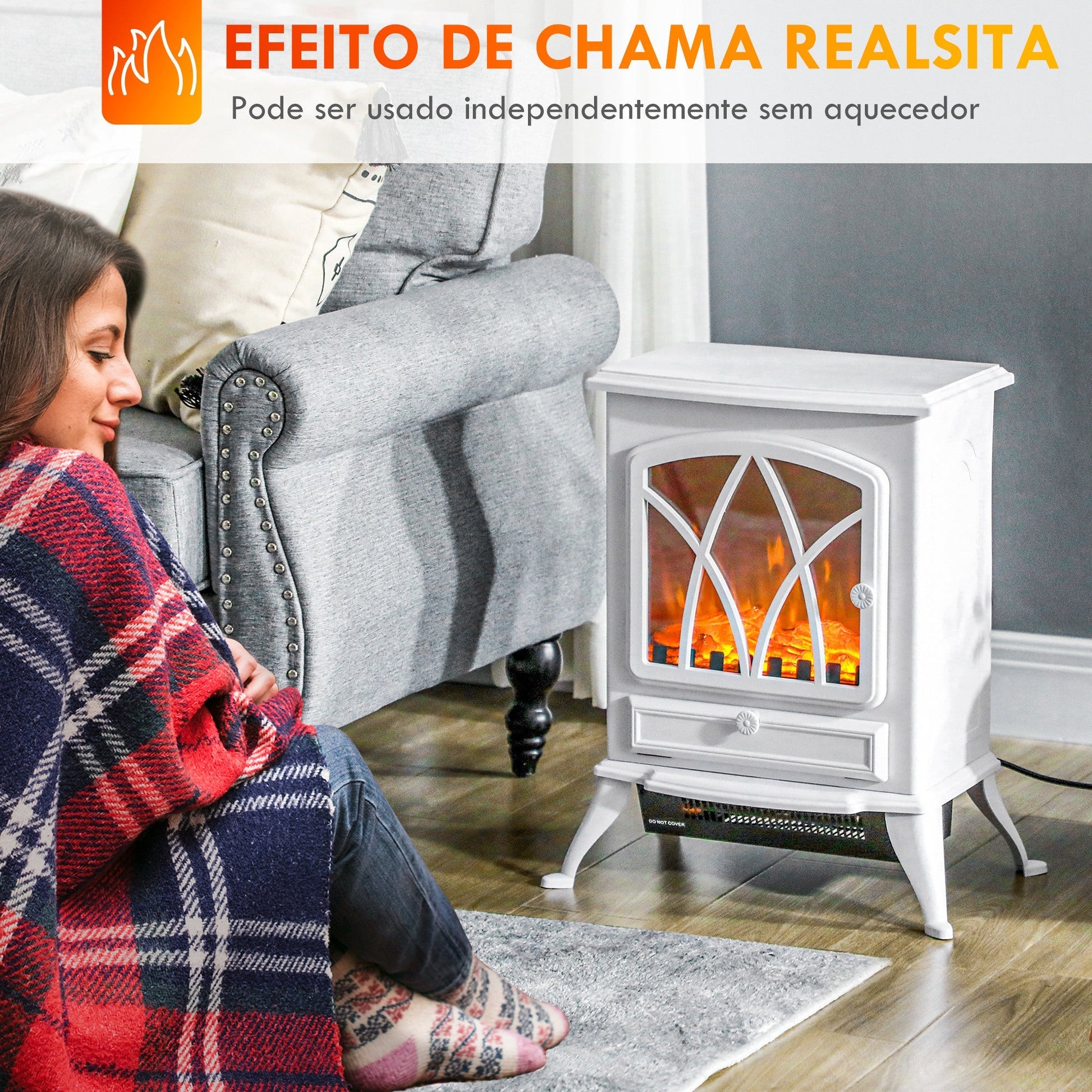 Lareira Elétrica Portátil Lareira Elétrica com Efeito de Chama Realista Potência 1000W/2000W 45x28,5x54 cm Branco - A minha loja