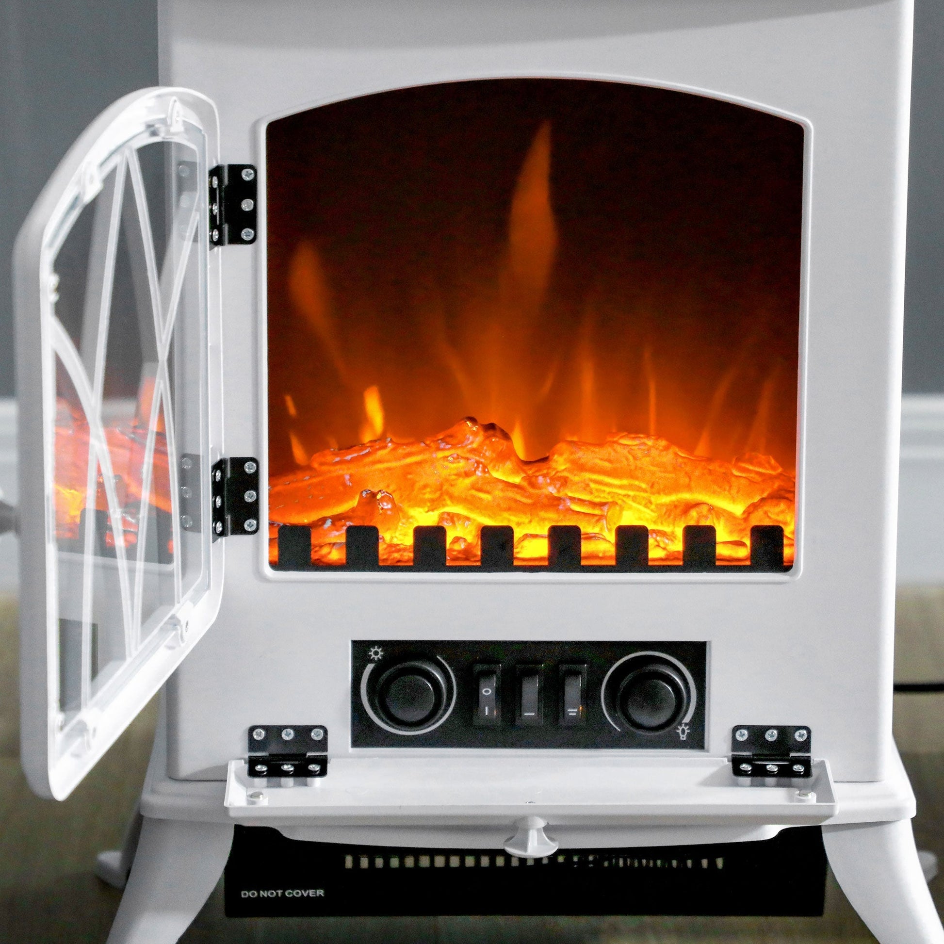 Lareira Elétrica Portátil Lareira Elétrica com Efeito de Chama Realista Potência 1000W/2000W 45x28,5x54 cm Branco - A minha loja