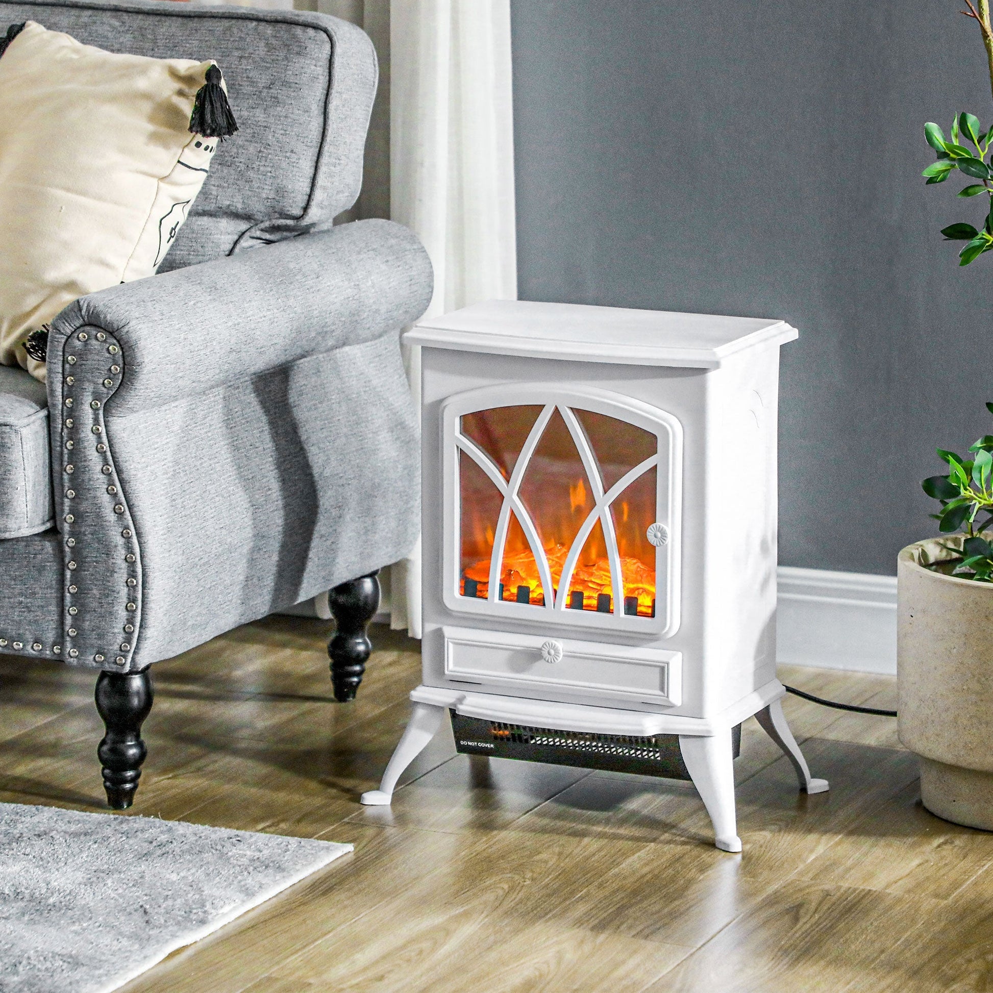 Lareira Elétrica Portátil Lareira Elétrica com Efeito de Chama Realista Potência 1000W/2000W 45x28,5x54 cm Branco - A minha loja