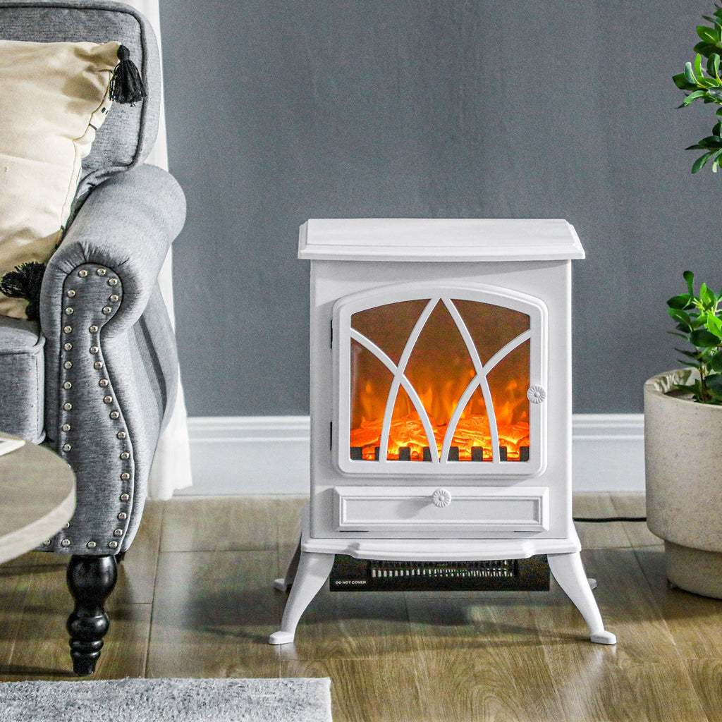 Lareira Elétrica Portátil Lareira Elétrica com Efeito de Chama Realista Potência 1000W/2000W 45x28,5x54 cm Branco - A minha loja