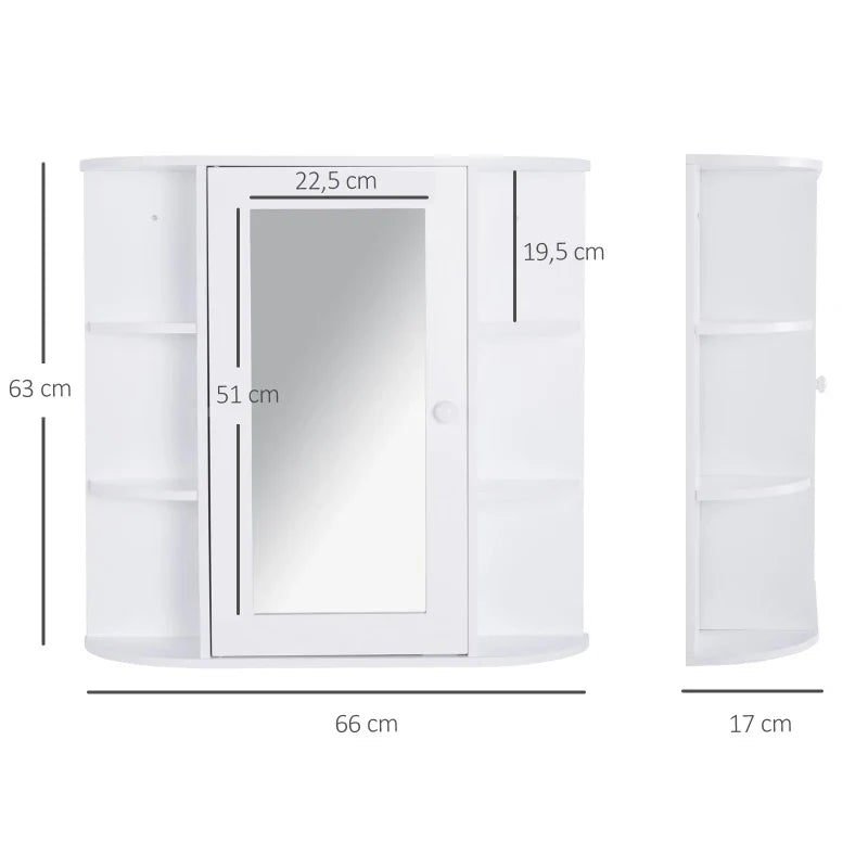 Armário de Casa de Banho com Espelho Móvel Suspenso de Casa de Banho com 1 Porta 2 Prateleiras Interiores e 6 Prateleiras Laterais para Sala de Estar Cozinha Dormitório 66x17x63cm Branco