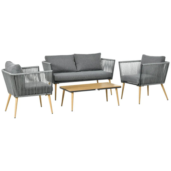 Conjunto de Móveis de Jardim de Vime 4 Peças Conjunto de Jardim com Sofá de 2 Lugares 2 Poltronas e Mesa de Centro com Bancada de Madeira e Plástico para Varanda Pátio Cinza