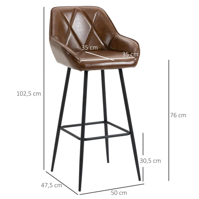 Conjunto de 2 Bancos Altos de Cozinha Bancos de Bar Estofados em PU com Encosto Alto Pés de Aço e Apoio para os Pés para Sala de Jantar Carga 120kg 50x47,5x102,5cm Marrom