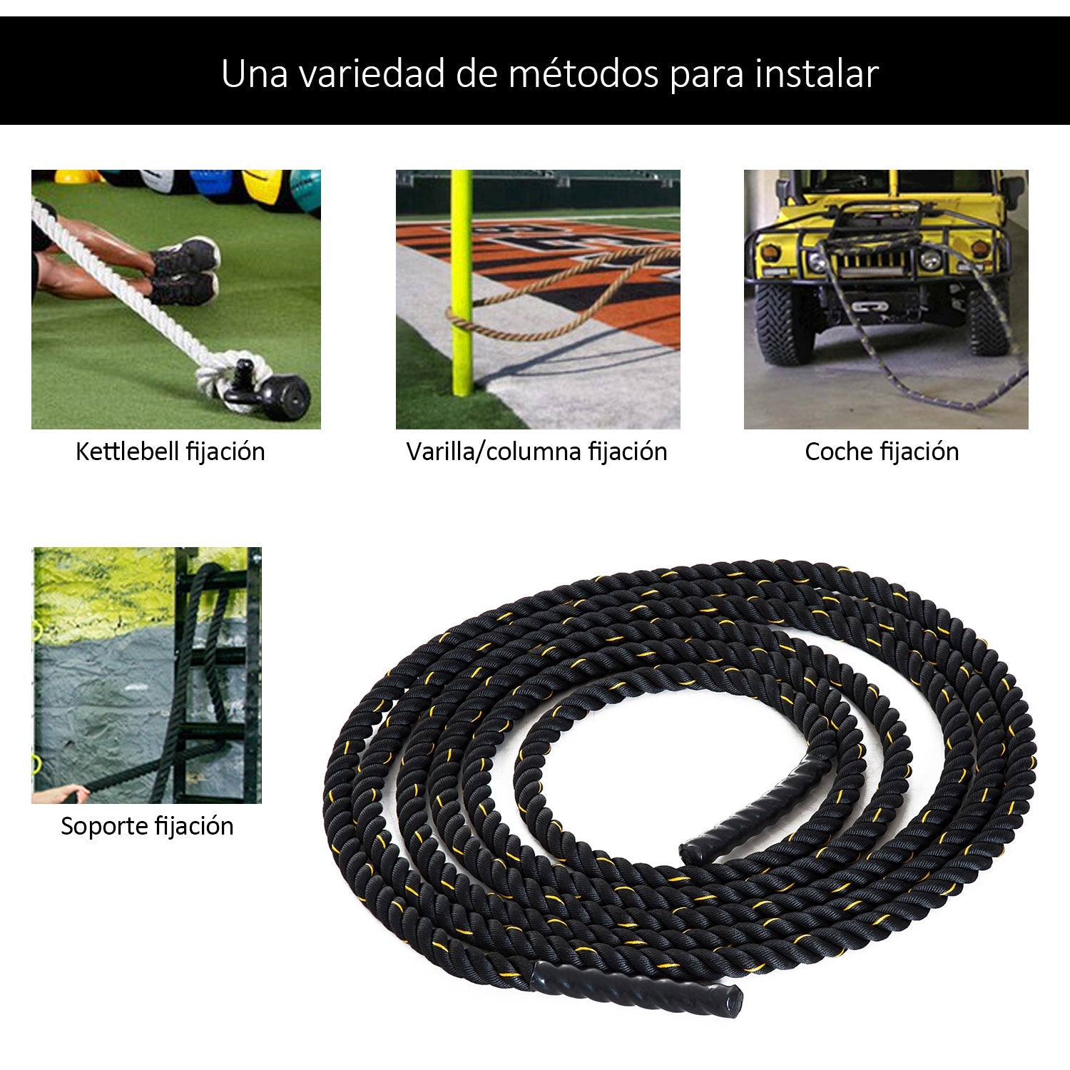 Corda de Batalha Ø38 mm Comprimento 9 m Battle Rope para Exercícios Fitness Crossfit Ultra-Resistente Preto e Amarelo