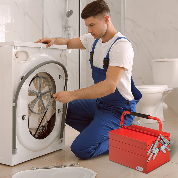 Caixa de Ferramentas de Aço Dobrável Portátil com 5 compartimentos com Alça de Transporte para Oficina Bricolagem 57x21x41cm Vermelho