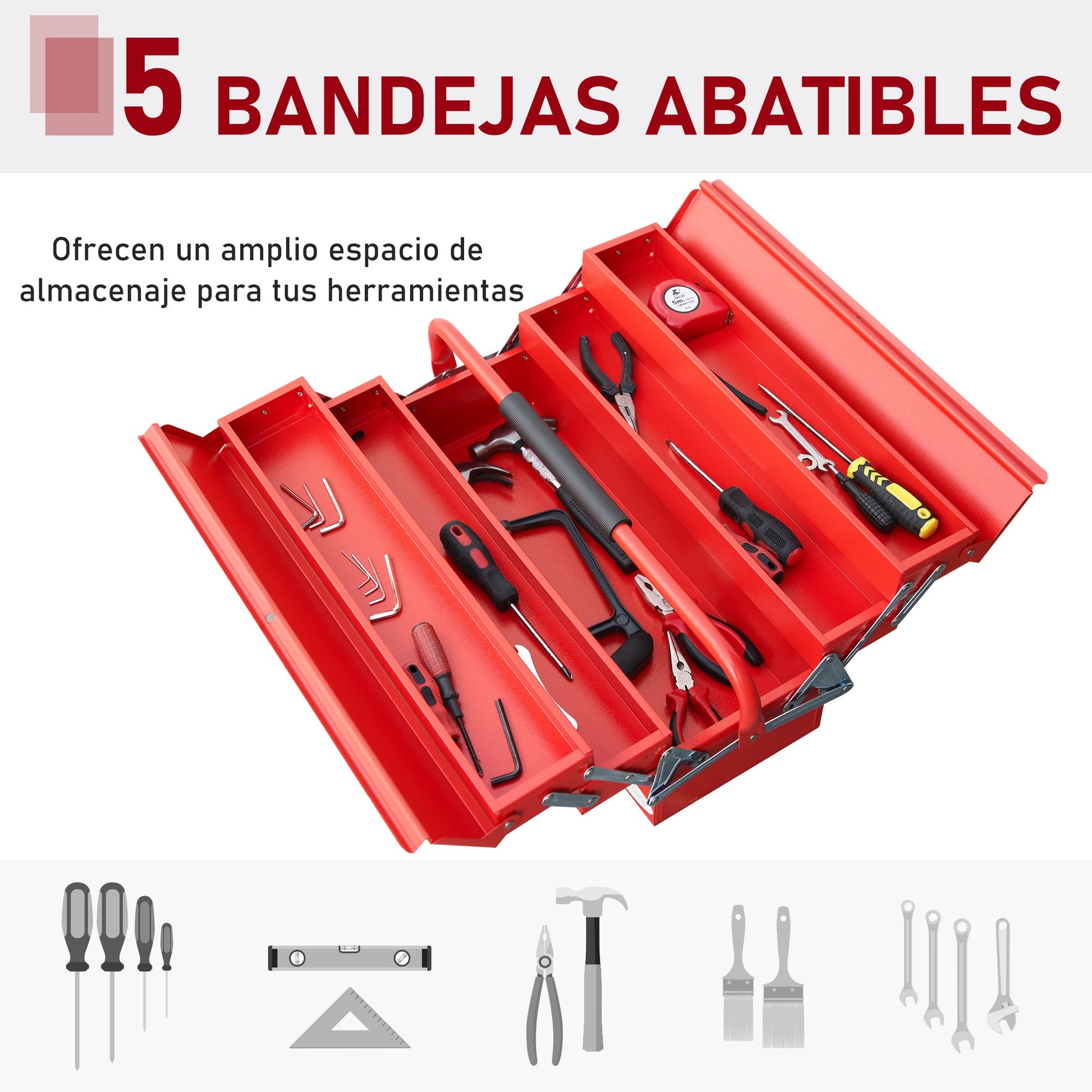 Caixa de Ferramentas de Aço Dobrável Portátil com 5 compartimentos com Alça de Transporte para Oficina Bricolagem 57x21x41cm Vermelho