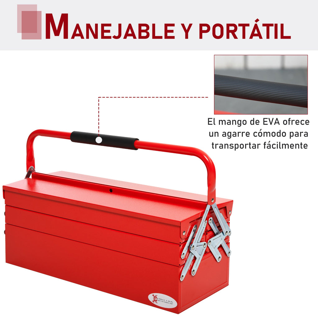 Caixa de Ferramentas de Aço Dobrável Portátil com 5 compartimentos com Alça de Transporte para Oficina Bricolagem 57x21x41cm Vermelho