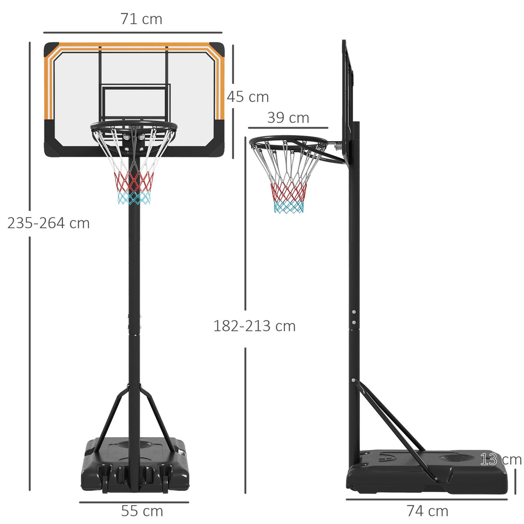 SPORTNOW Tabela de Basquetebol de Exterior com Altura Ajustável 235-264 cm Tabela de Basquetebol com Suporte para Bola Rodas e Base Recarregável Preto