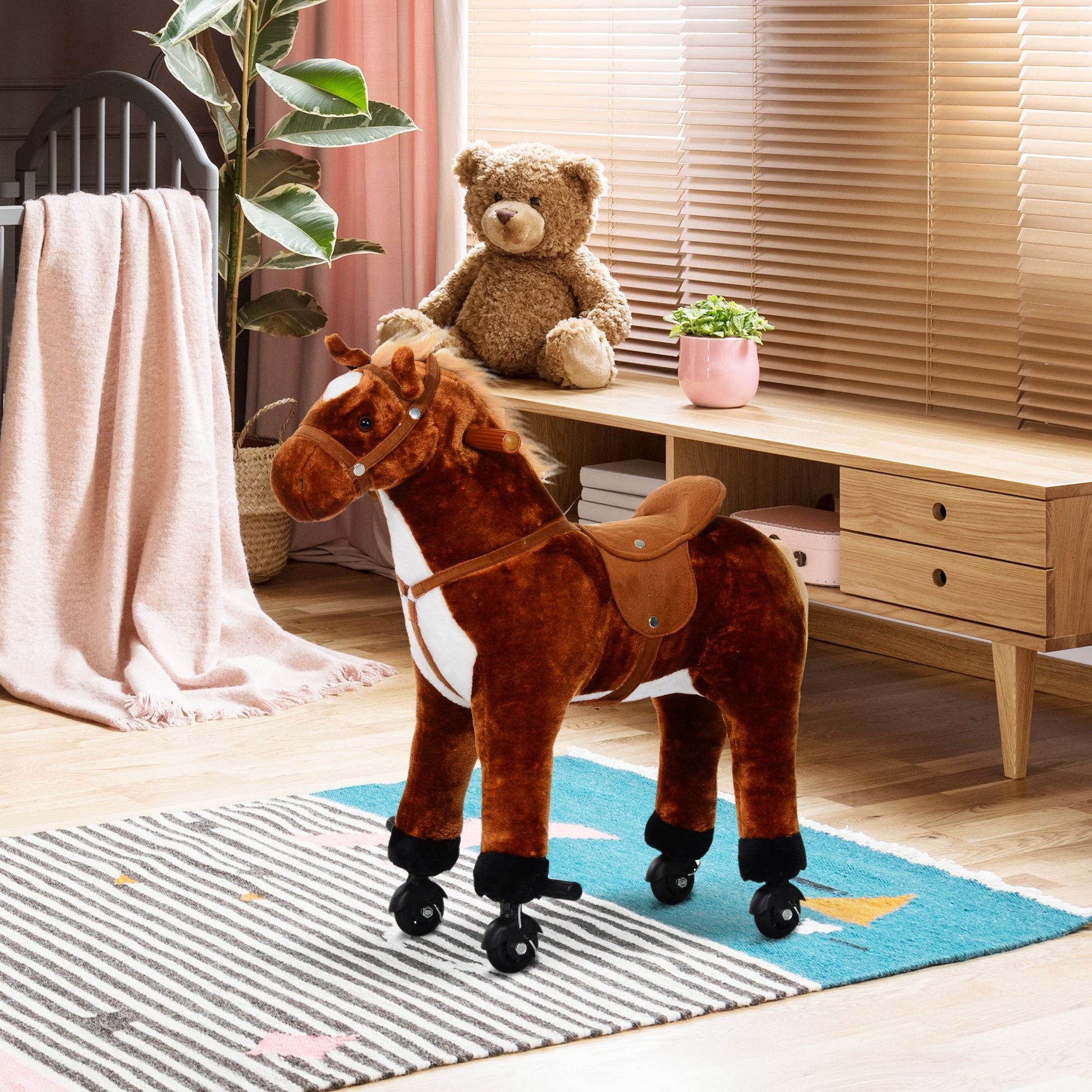 Cavalo de Brinquedo para Crianças de +3 Anos Cavalo de Brinquedo com Rodas Sons e Estrutura de Metal Carga 60kg 65x28x75 cm Castanho