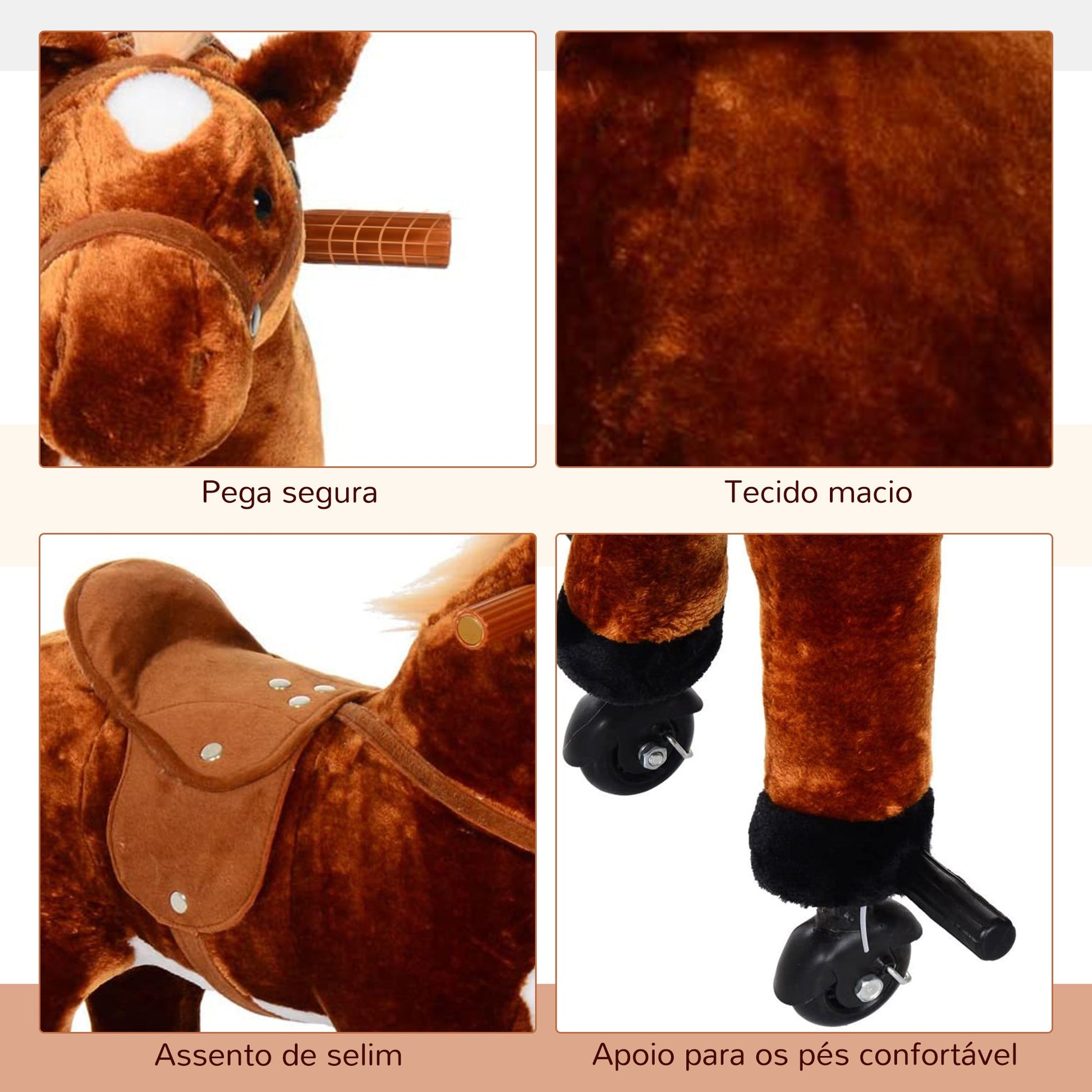 Cavalo de Brinquedo para Crianças de +3 Anos Cavalo de Brinquedo com Rodas Sons e Estrutura de Metal Carga 60kg 65x28x75 cm Castanho