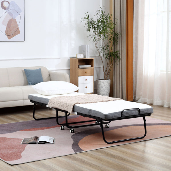 Cama Dobrável 200x75x42,5cm Cama de Campismo Portátil com Colchão Individual Rodas e Freios Carga Máxima 150kg para Dormitórios Branco