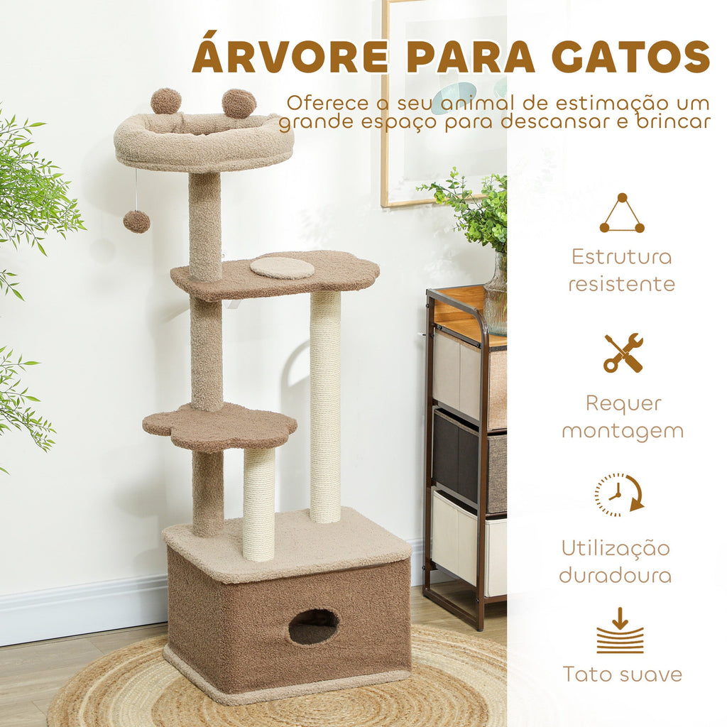 PawHut Arranhador para Gatos Altura 133 cm Arranhador para Gatos com Cama Caverna Plataformas Bola Suspensa e Poste de Juta 48x40x133 cm Marrom