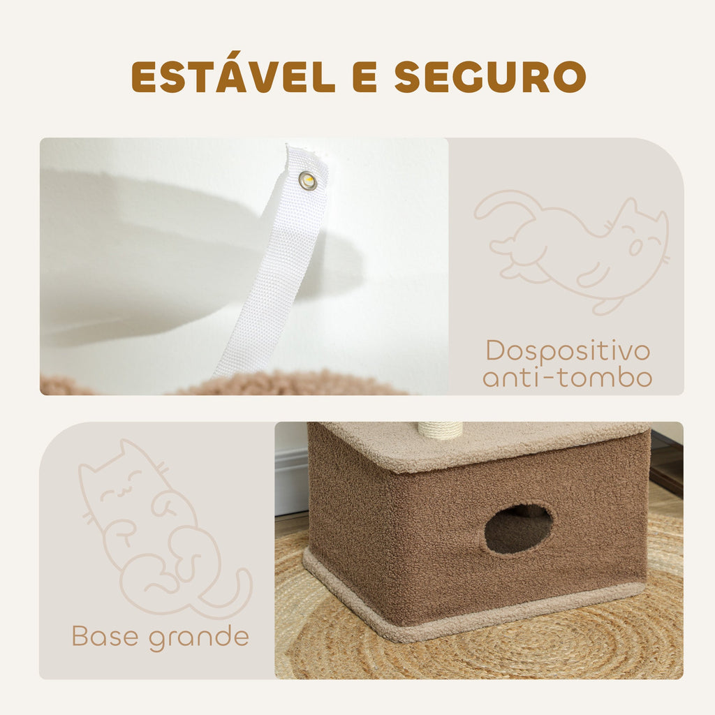 PawHut Arranhador para Gatos Altura 133 cm Arranhador para Gatos com Cama Caverna Plataformas Bola Suspensa e Poste de Juta 48x40x133 cm Marrom