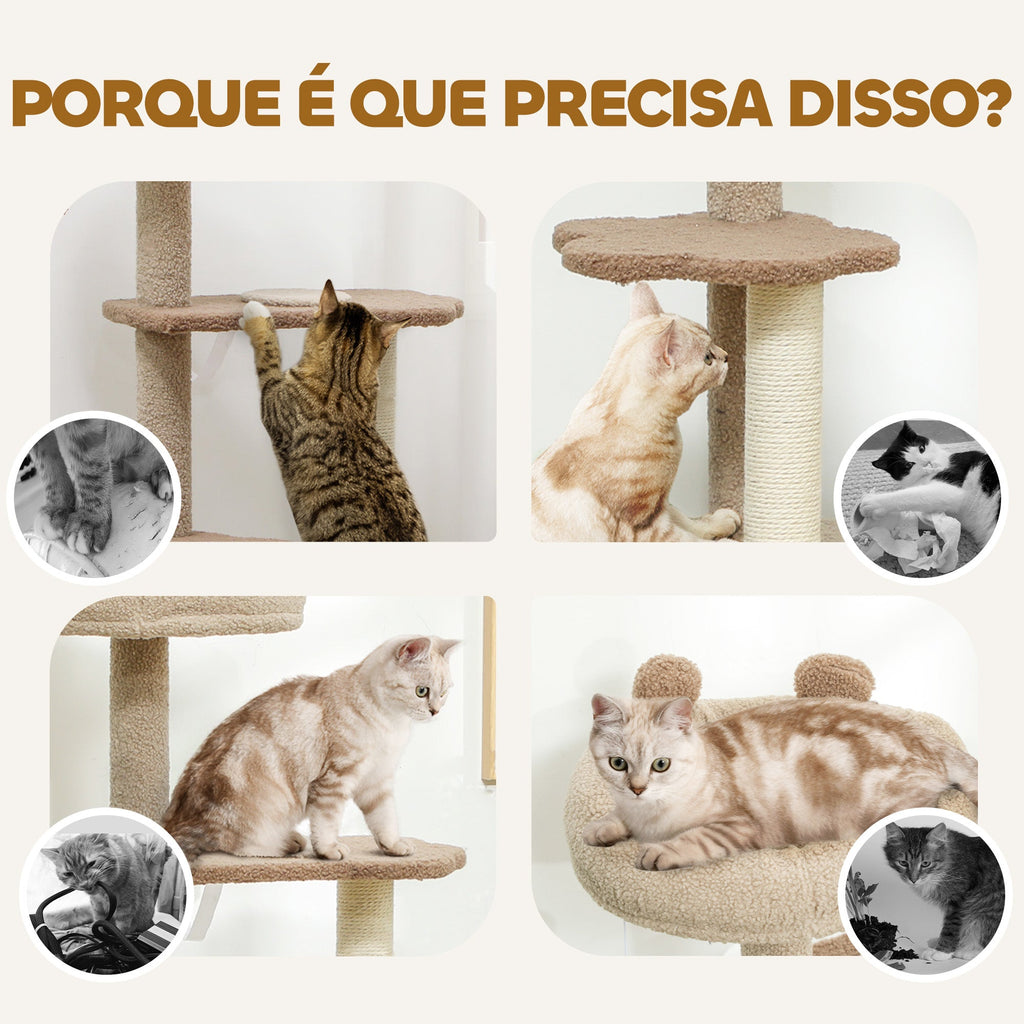 PawHut Arranhador para Gatos Altura 133 cm Arranhador para Gatos com Cama Caverna Plataformas Bola Suspensa e Poste de Juta 48x40x133 cm Marrom