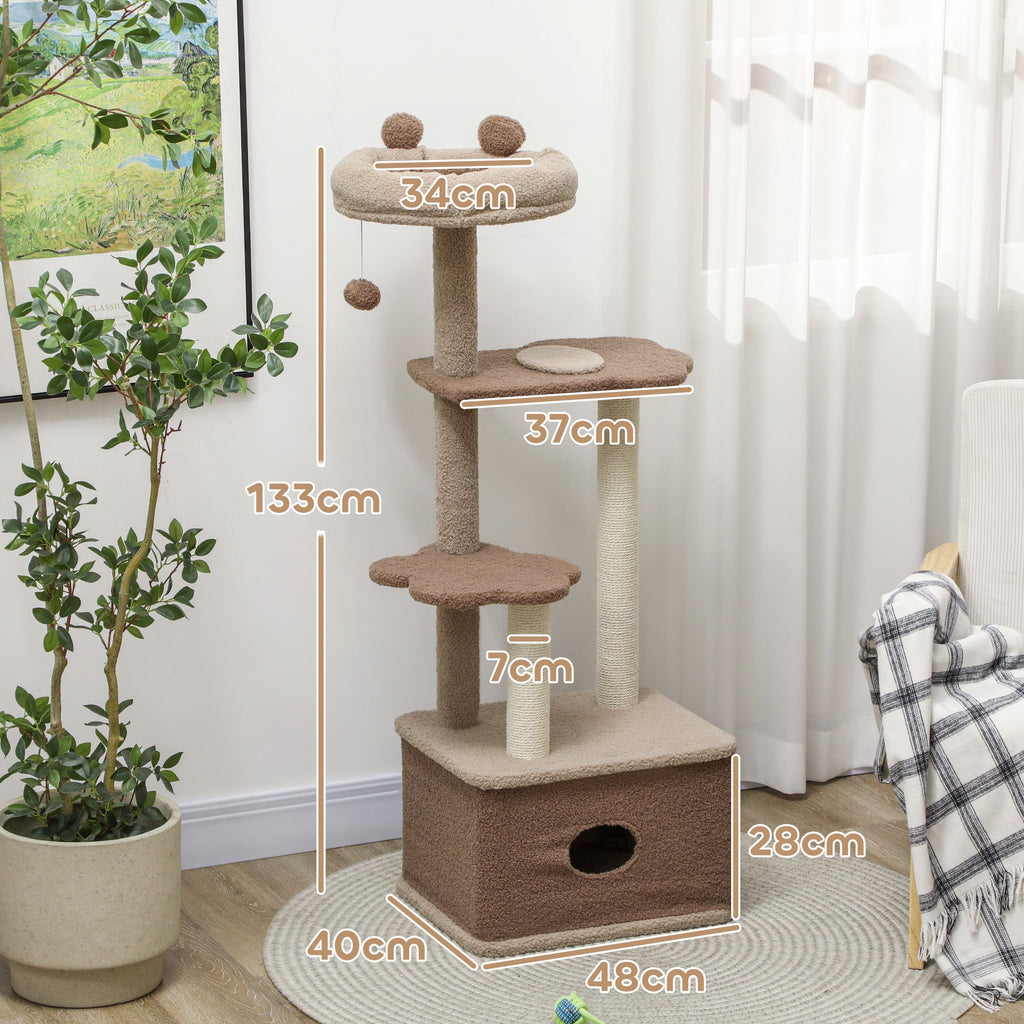 PawHut Arranhador para Gatos Altura 133 cm Arranhador para Gatos com Cama Caverna Plataformas Bola Suspensa e Poste de Juta 48x40x133 cm Marrom