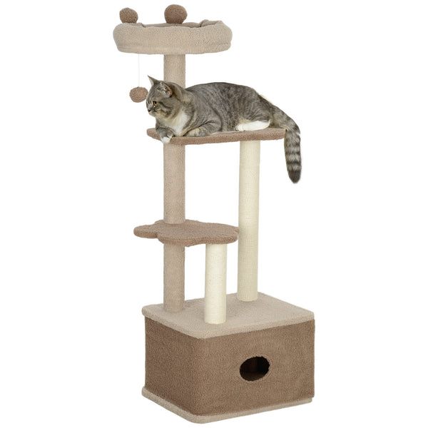 PawHut Arranhador para Gatos Altura 133 cm Arranhador para Gatos com Cama Caverna Plataformas Bola Suspensa e Poste de Juta 48x40x133 cm Marrom