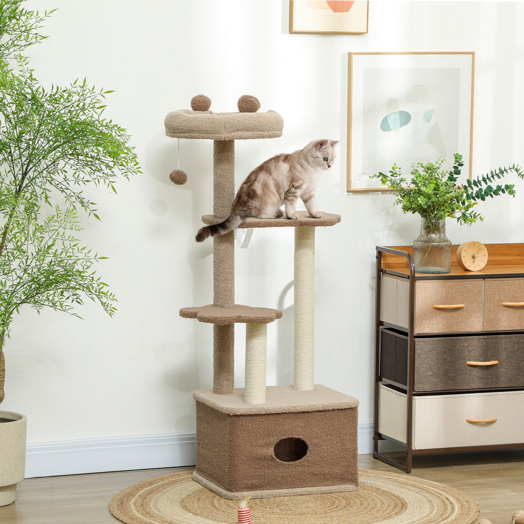 PawHut Arranhador para Gatos Altura 133 cm Arranhador para Gatos com Cama Caverna Plataformas Bola Suspensa e Poste de Juta 48x40x133 cm Marrom