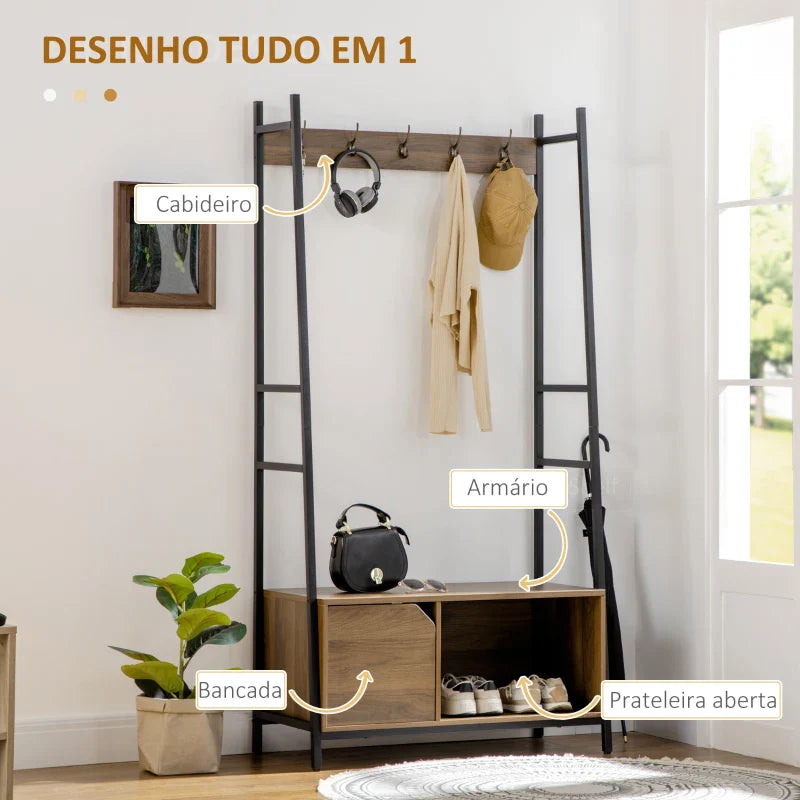 Móvel Cabide de Entrada com Sapateiro Móvel de Entrada com Banco 5 Ganchos Armário e Prateleira Aberta para Corredor Entrada 84x40x169cm Marrom Rústico