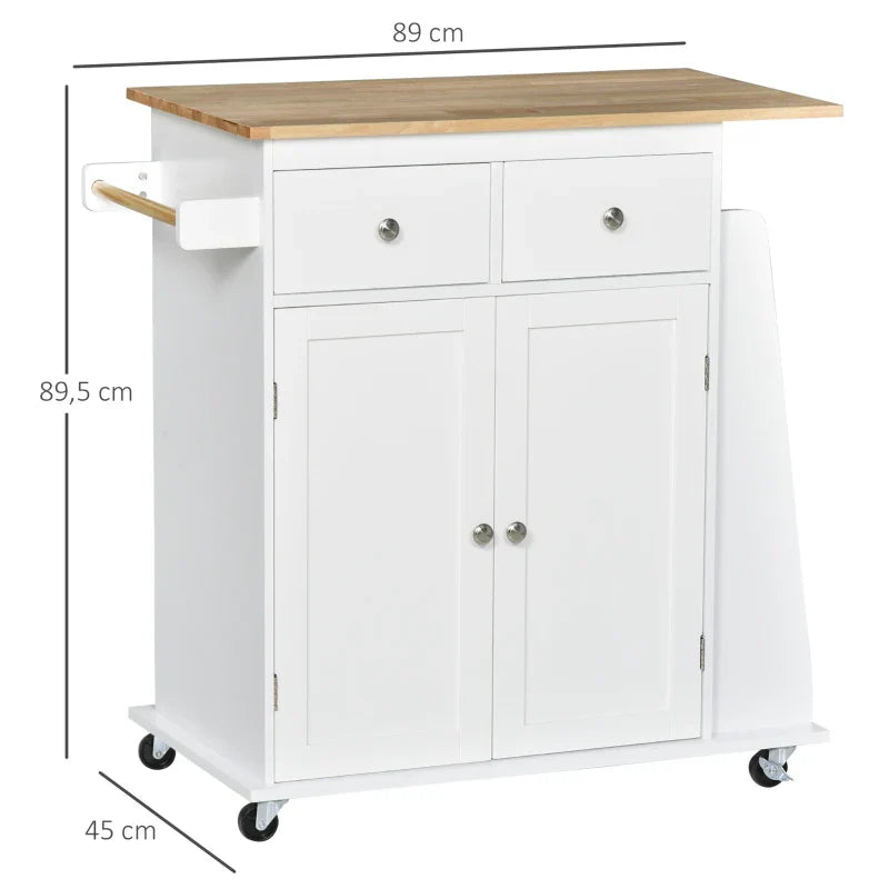 Carrinho de Cozinha Auxiliar com Rodas Carrinho de Cozinha com 2 Gavetas Armário de Armazenamento Prateleira Interior Ajustável 3 Suportes para Temperos e Barra de Pendurar 89x45x89,5cm Branco