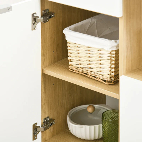 Armário de Cozinha Móvel Auxiliar de Cozinha com 3 Portas Gaveta Prateleira Ajustável Bancada para Micro-Ondas e Suporte para Panos 93x40x180 cm Madeira e Branco