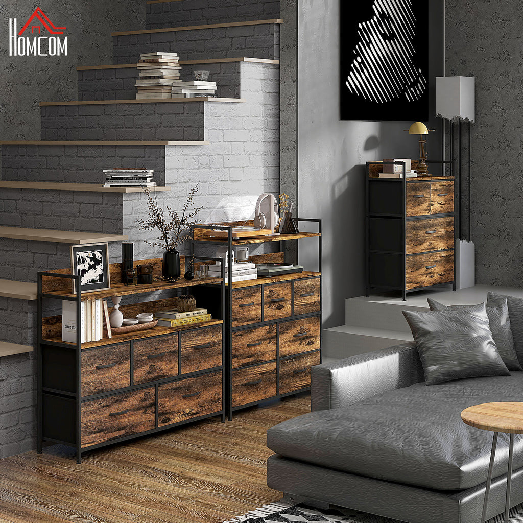 Cómoda para Dormitório Cómoda com 7 Gavetas Dobráveis Prateleiras Abertas e Estrutura de Aço Cómoda Estreito para Sala Entrada 79x29x101 cm Castanho Rústico