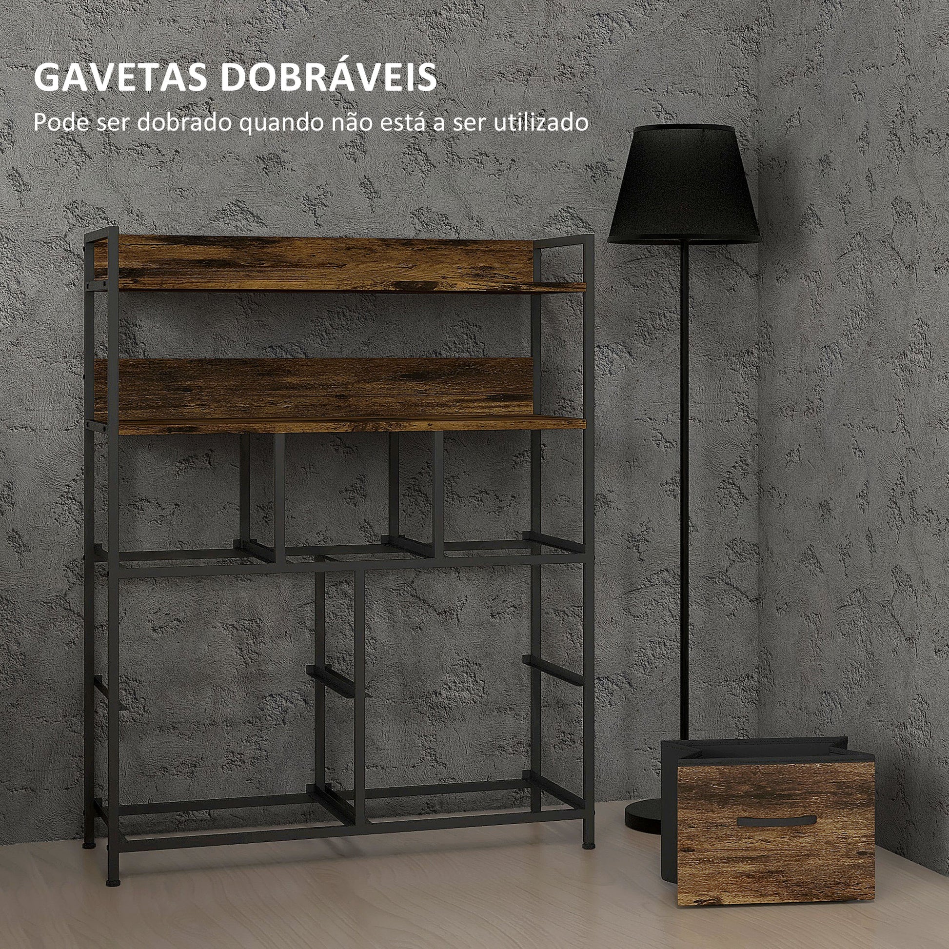 Cómoda para Dormitório Cómoda com 7 Gavetas Dobráveis Prateleiras Abertas e Estrutura de Aço Cómoda Estreito para Sala Entrada 79x29x101 cm Castanho Rústico