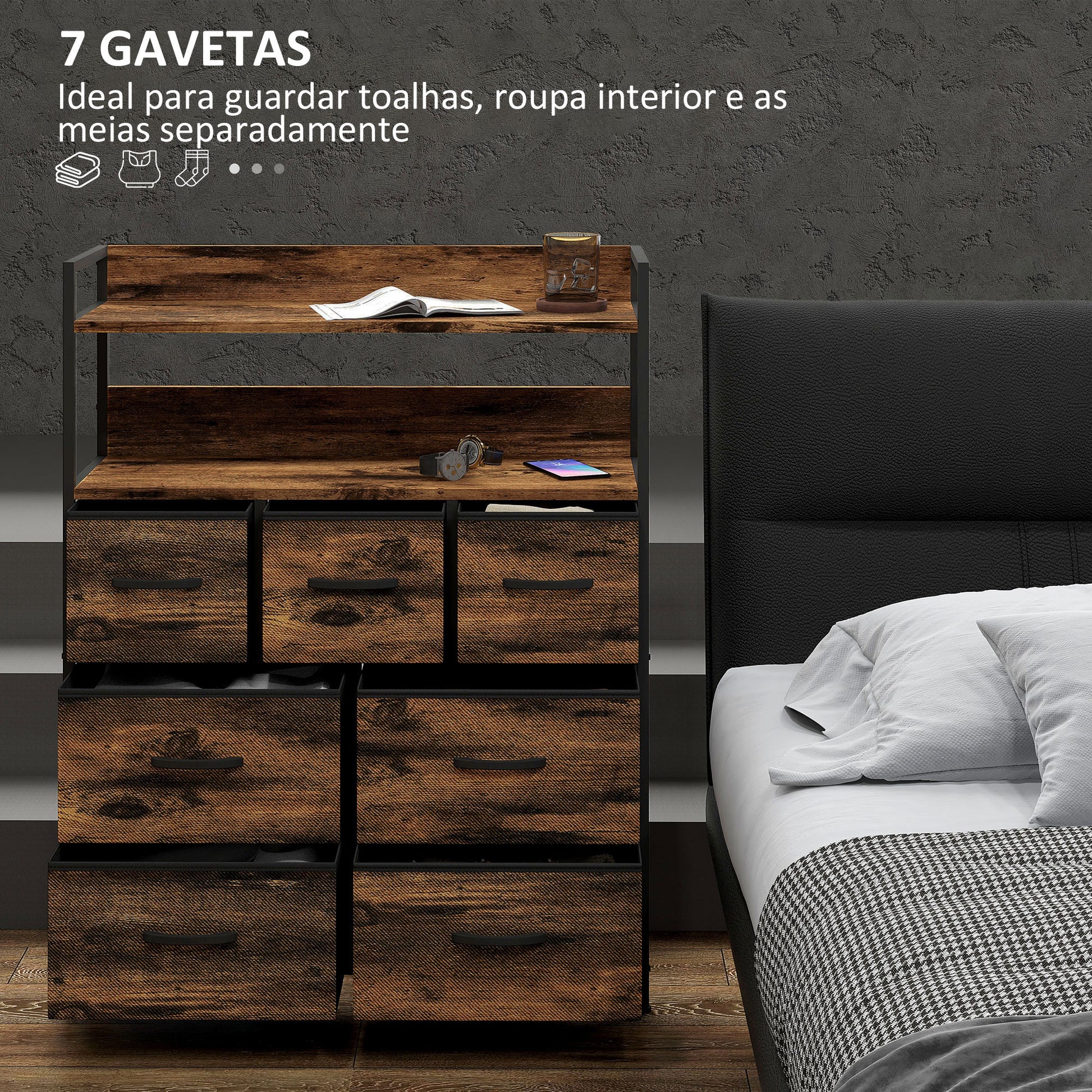 Cómoda para Dormitório Cómoda com 7 Gavetas Dobráveis Prateleiras Abertas e Estrutura de Aço Cómoda Estreito para Sala Entrada 79x29x101 cm Castanho Rústico