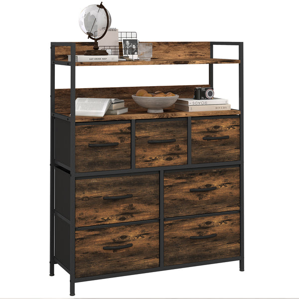 Cómoda para Dormitório Cómoda com 7 Gavetas Dobráveis Prateleiras Abertas e Estrutura de Aço Cómoda Estreito para Sala Entrada 79x29x101 cm Castanho Rústico